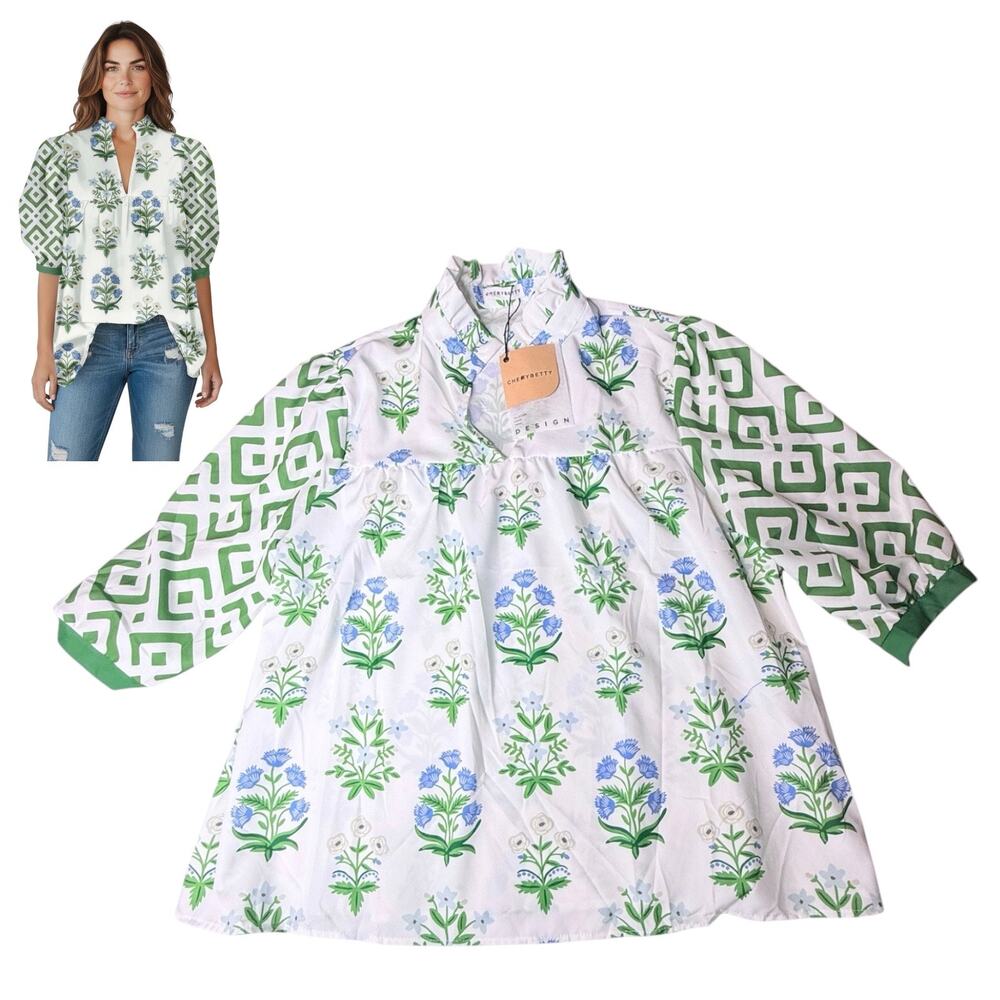 CheryBetty Floral Print Blouse Womens LG Boho 3/4 Sleeve V Neck Grandma Chic New